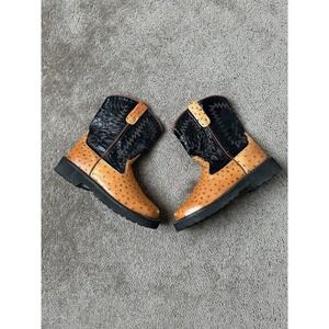 Young Cowboy Western Boots Old West Ostrich Boots Brown Leather, Size 070, US 7